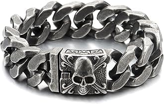 COOLSTEELANDBEYOND Mens Large Vintage Brushed Finishing Steel Curb Chain Bracelet with Fleur De Lis and Skull