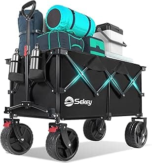 Sekey 220L Wagons Carts Foldable with Big All-Terrian Beach Wheels, Collapsible Heavy DutyWagon with Cup Holders, Extra Large Folding Wagon,Foldable Wagon for Camping, Garden, Sports. Black