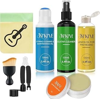 Guitar Cleaning Kit – 8Pack Complete Care Set with Flip-Top Squeeze Bottle & Sponge Applicator | Guitar Cleaner, Lemon Oil(Fretboard Oil), Polish Wax, String Cleaner, Winder, Brush & Microfiber Cloth