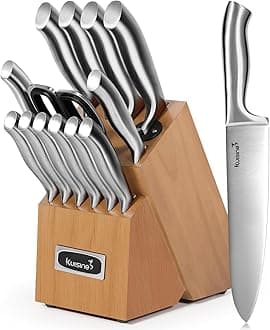 Kuisine Premium Sharp Knife Set,High Carbon Stainless Steel Sharper Blade Ergonomic Non-slip Handle,Kitchen Block Knife Set Chef Knife Block Set with Built-in Sharpener(Acacia, 15PCS)