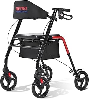 Metro Mobility Rollator Walker with Seat for Seniors, Foldable Lightweight Rolling Walker, 8" Big Wheels for All Terrain, 300 lb. Weight Capacity, Red