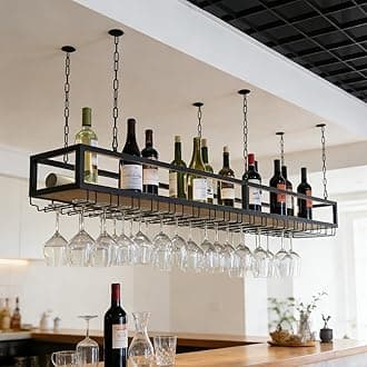 JHGJBJ Hanging Wine Rack, Metal Ceiling Wine Glass Rack, Bar Unit Floating Shelves, Industrial Hanging Wine Bottle Holder with Stemware Glass Shelf, for Bar Cafe Kitchen (Size : 120X25X100CM)