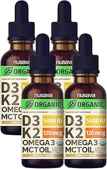 NUSAVA (4 Pack) Organic Vitamin D3 K2 Drops with MCT Oil Omega 3, 5000 IU, Maximum Strength Vitamin D Liquid - No Fillers, Non-GMO Liquid D3 for Faster Absorption & Immune Support (Vanilla, 4 Fl Oz)
