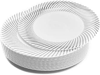 MATANA 20 Premium White Plastic Dessert Plates with Silver Rim, 18cm / 7 Inch - Elegant & Reusable Small Side Plates, Starter Plates for Weddings, Birthdays, Picnic, BBQ, Parties