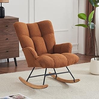 Nursery Rocking Chair Teddy, Upholstered Glider Rocker with High Backrest, Comfortable Stylish Accent Armchair with Padded Seat for Living Rooms, Bedrooms, Brown