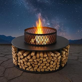 38 Inch Outdoor Fire Pit with Log Storage - Durable Construction, Rust Resistant, Removable Fire Grill and Fire Pan and Includes Fire Hook