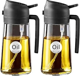 YARRAMATE 2Pcs 16oz/470ml Olive Oil Dispenser, Food-grade 2 in 1 Oil Glass Sprayer for Cooking, Kitchen, Air Fryer, Salad, Frying, BBQ (Black)