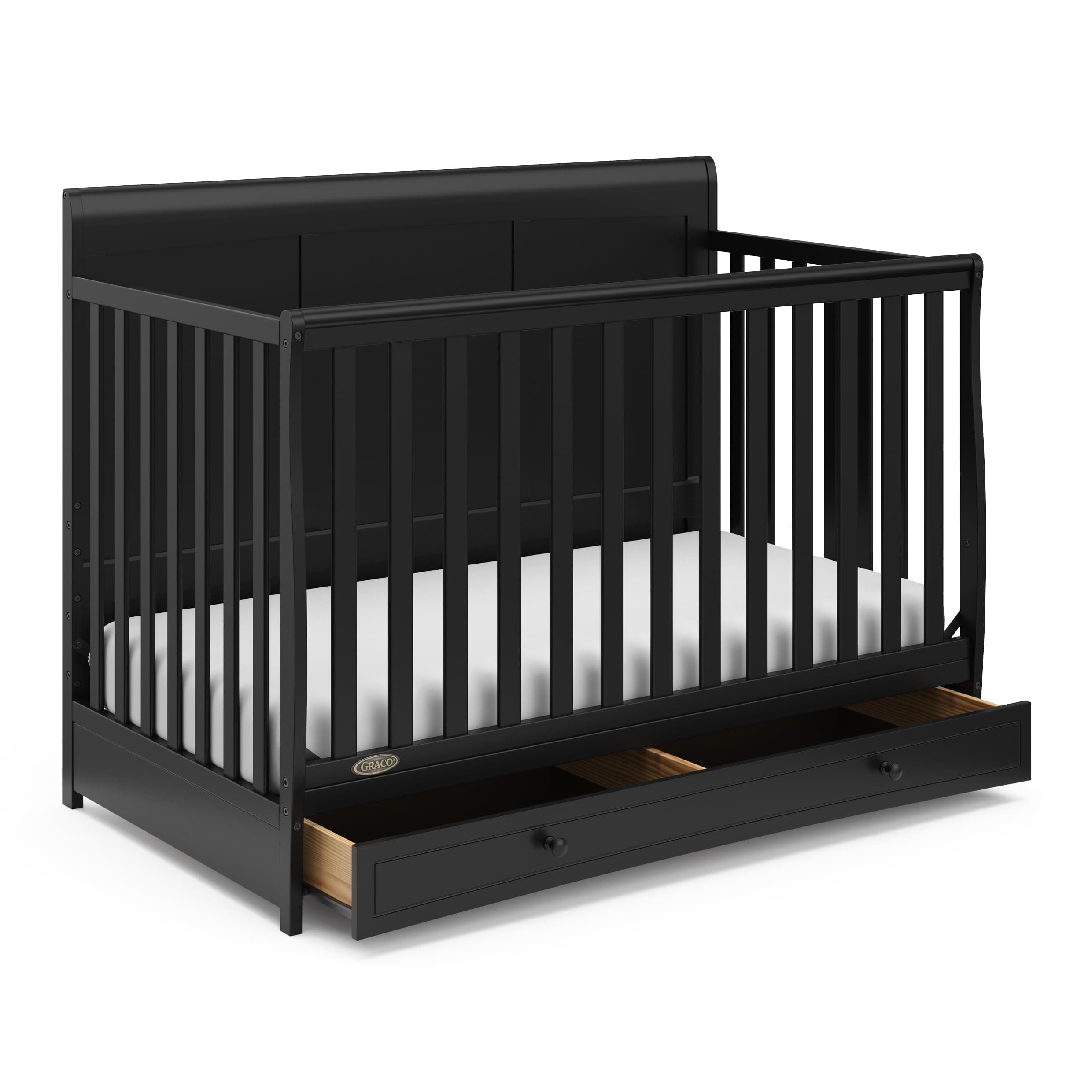 Graco Asheville 5-in-1 Convertible Crib with Drawer – GREENGUARD Gold Certified, Crib with Drawer Combo, Full-Size Nursery Storage Drawer, Converts to Toddler Bed, Daybed and Full-Size Bed (Black)