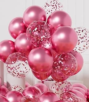 AULE Party Balloons Pack of 42 - Metallic Chrome Pink Balloons and Pink Confetti Latex Helium Balloons With 64ft Ribbons - 12 Inch Balloon Decoration Set