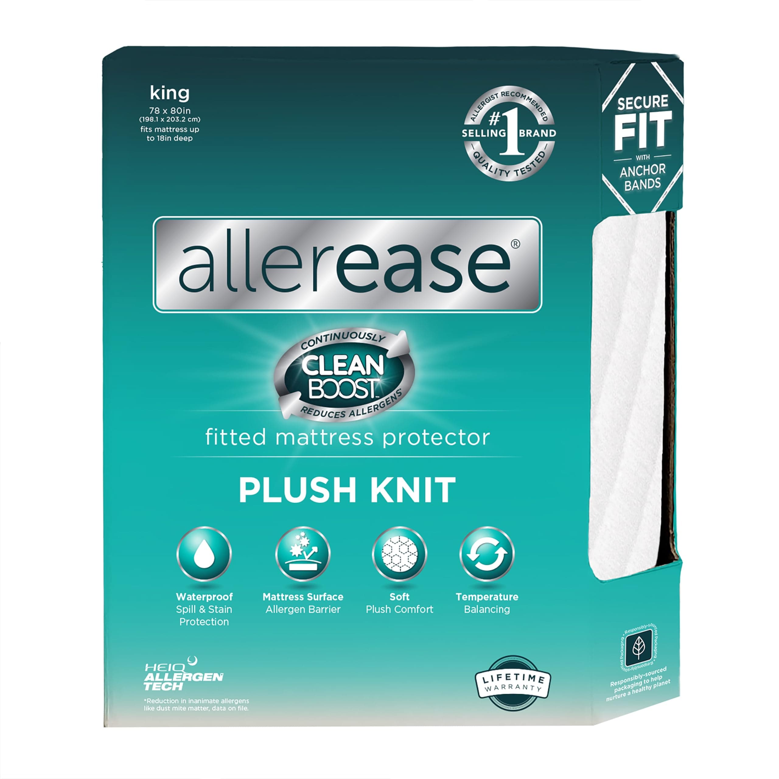 AllerEase CleanBoost Plush Knit Soft Waterproof Mattress Protector King Size Allergen Barrier Temperature Balancing Machine Washable Mattress Cover with Elastic Anchor Bands Mattress Cover (White)
