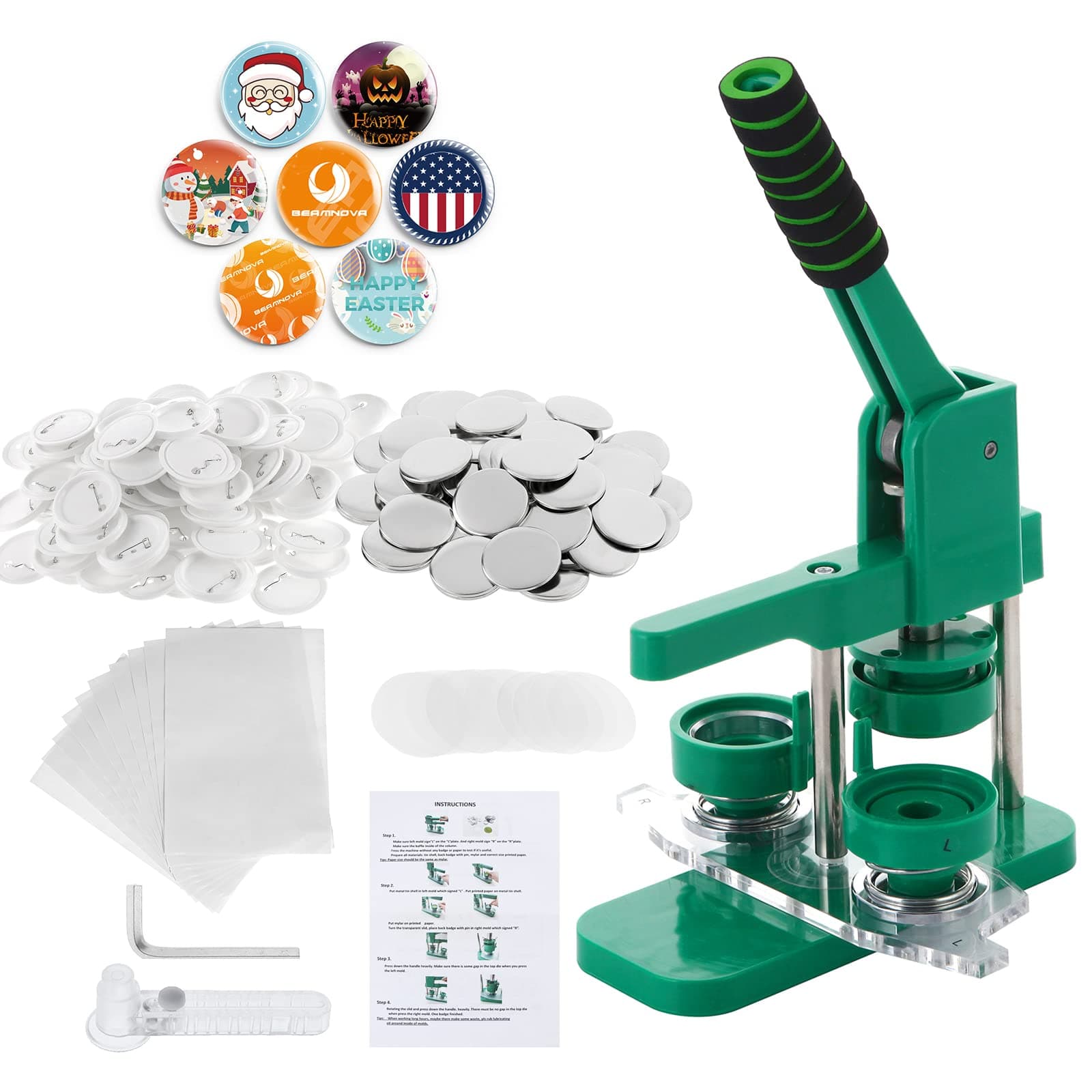 BEAMNOVAUpgraded Button Maker Machine with Absorbable Mold, 100 Button Parts Supplies, 44mm / 1.73 in (About 1-3/4 Inch) DIY Round Pin Maker Kit