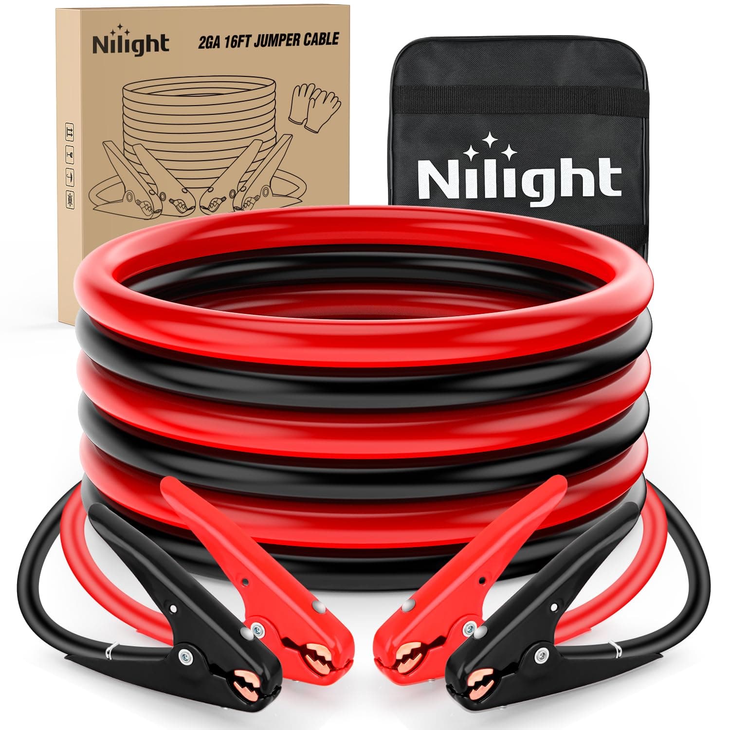 Nilight Jumper Cables for Car Battery 2 Gauge 16 FT Booster Cable Heavy Duty 800 A CCA Jumper Cable with Carrying Bag Jump Start Battery Emergency Kit for Pickup Truck RV Vans SUV