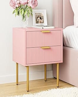 Nightstand,Morden Bedside Table with Gold Frame,Small Night Stand,End Table,Bedside Furniture,Side Table with Drawer and Shelf for Bedroom,Living Room (2Drawers, Pink)