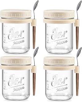 LANDNEOO 4 Pack Overnight Oats Containers with Lids and Spoons, 16 oz Glass Mason Jars with Airtight Lids, Overnight Oats Jars for Milk, Cereal, Fruit-Beige