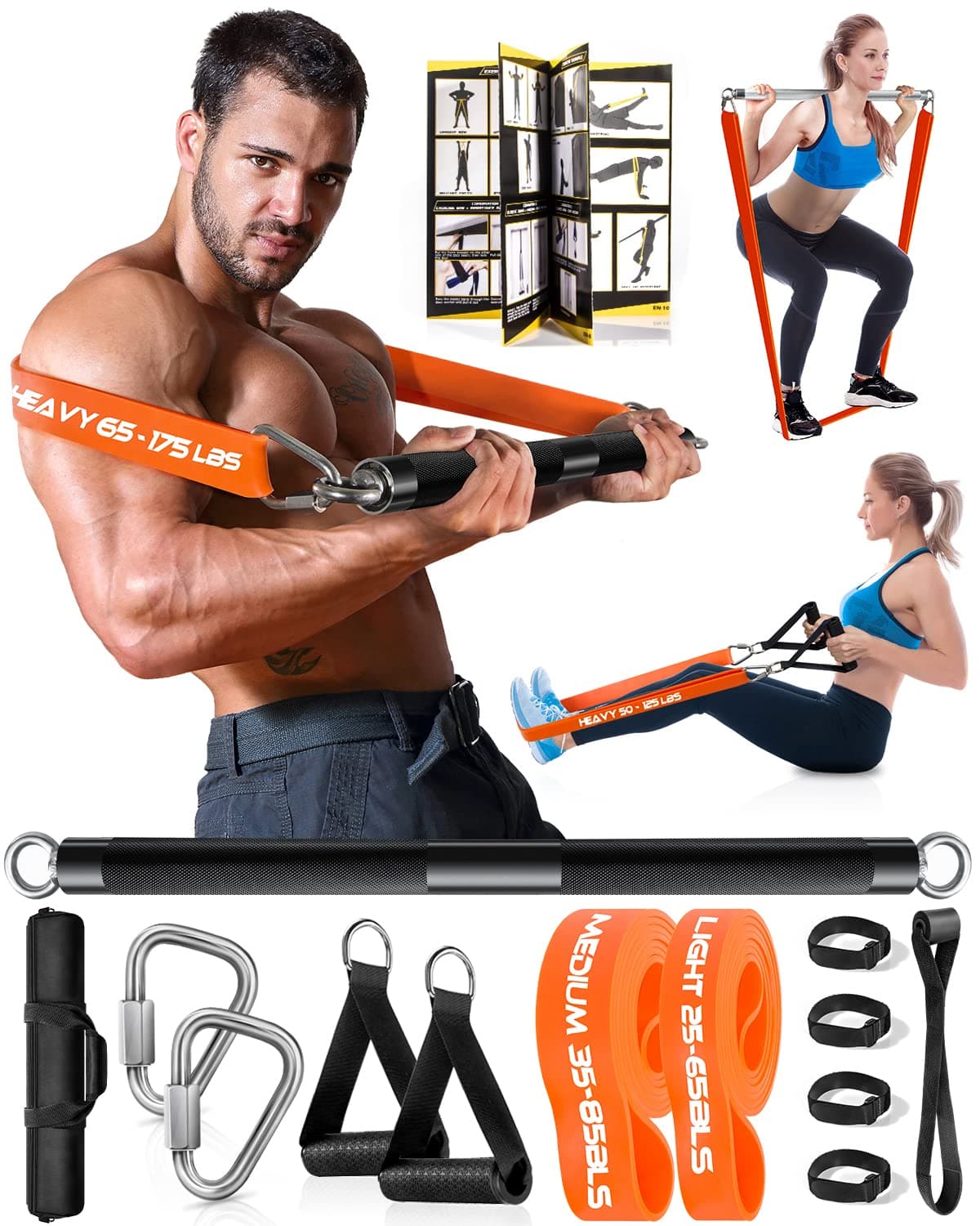 DASKINGResistance Bands Set with 58cm Exercise Bar, Different Levels Pull Up Bands - 500LBS Fitness Workout Bars Kit for Strength Training, Pilates, Yoga- Home Gym Sports Systems Equipment