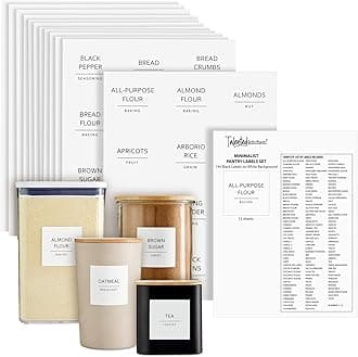 144 Pantry Labels for Containers, Food Storage - Preprinted Black All-Caps on Matte White Vinyl Stickers for Minimalist Style Kitchen (Water Resistant)