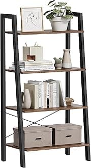 VASAGLE Ladder Shelf, 4-Tier Bookshelf, Storage Rack, Bookcase with Steel Frame, for Living Room, Home Office, Kitchen, Bedroom, Industrial Style, Hazelnut Brown and Ink Black ULLS044B03