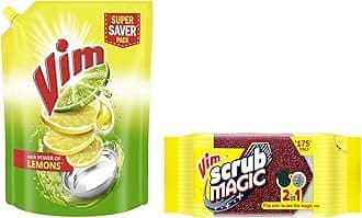 Vim Scrub Magic Pack of 5 & Vim Fresh Lemon Fragrance Dishwash Liquid Gel 2 L Refill Pack, Leaves No Residue, Grease Cleaner for Utensils - Liquid Kitchen Soap Super Saver Offer