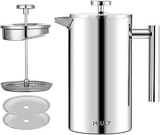 Miuly Max Cafetiere French Press Small Szie 350ml/12oz,Stainless Steel Double Wall Heat Resistant Coffee Pot with 3 Filter Screens (1 Mug Silver)