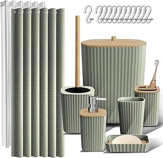 Bathroom Accessories Set - Bathroom Set, Bathroom Accessory Set, Shower Curtain Set, Toilet Brush, Trash Can & Soap Dispenser - Sage Green - 20PC
