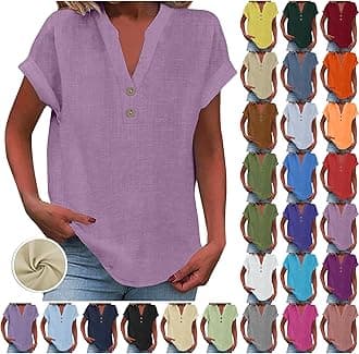 Ladies Tops 2025 Women's Summer Cotton Linen Cap Sleeve T-Shirt Button V Neck Tunic Tops Fashion Baggy Solid Plain Shirts Trendy Blouse 1