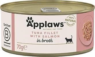 Natural Premium Wet Cat Food for Adult Cats, Tuna Fillet with Salmon in Broth Pack of 24 x 70g Cans