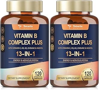 13-in-1 Vitamin B Complex Plus with Vitamin B1, B2, B3 (Niacin), B4, B5, B6, B7 (Biotin), B8 (Inositol), B9 (Folate), B12, C, D3, K2 for Energy, Nerve, Immune, Skin - 120 Caps per Bottle - 2 Bottles