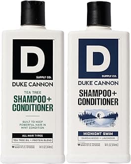 Duke Cannon Supply Co. 2-in-1 Hair Wash - Masculine Scent - Gentle Cleansing Hair Wash For Men - Stimulating Hair Shampoo & Conditioner - Strengthens Hair - Tea Tree & Midnight Swim - 2 Pack (14 oz)