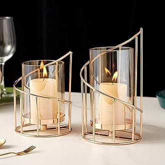 MrMrKura Metal Wire Candle Holder Set of 2, Glass Pillar Candle Holders Gold Decorative Tea Light Candleholders for Home Decor Table Decorations Centerpiece