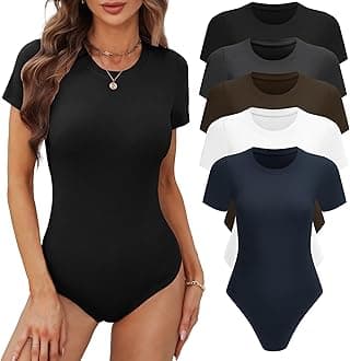 Women's 4/5 Pack Short Sleeve Round Neck Bodysuit Tops Crew Neck Basic Casual Tshirt Bodysuits