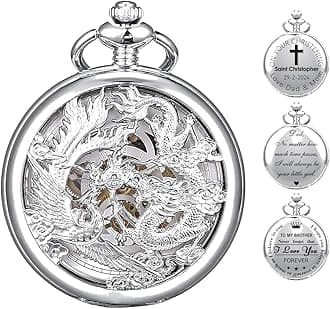 SIBOSUNPersonalized Engraved Mechanical Pocket Watches Mens, Lucky Phoenix and Dragon, Skeleton Pocket Watch, Antique Roman Numerals Box Silver