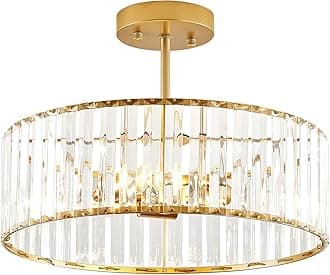 Modern Gold Semi Flush Mount Ceiling Light Crystal 3-Light Light Fixture 15.75 Inch Kitchen Ceiling Lighting for Living Room Bedroom Dining Room Bathroom Entryway (Bulb Not Included)