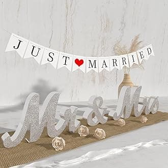 VIOPVERY Mr and Mrs Sign & Just Married Banner,Mr & Mrs Signs for Wedding Table,Large Wooden Letters for Sweetheart Table,Photo Props Wedding decorations for Anniversary,Silver