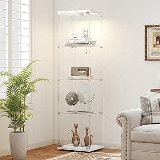 Tempered Glass Display Cabinet with Lights, 4-Tier Curio Cabinet with Glass Doors and Lock, Glass Display Case for Collectibles, for Living Room, Office, Bedroom, Single Door, White