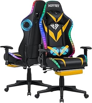 HOFFREE Gaming Chair with Bluetooth Speakers and Led Lights Massage Video Game Chair with Footrest Reclining High Back Computer Gamer Chair Yellow and Black