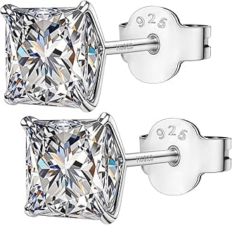 HIGHSPARK 925 Silver Square Solitaire Stud Earrings | 92.5 Sterling Silver & Square Brilliant Cubic Zirconia Tops for Men Women Boys & Girls