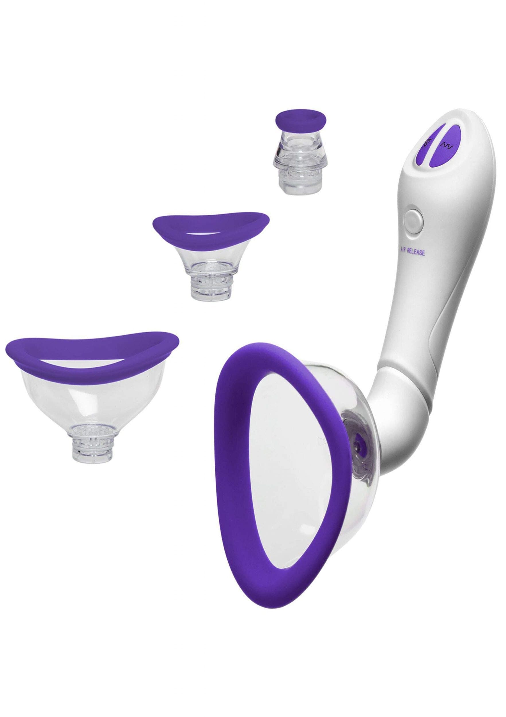 Doc Johnson Bloom - Intimate Body Pump - Automatic - Vibrating - Rechargeable - 4-in-1 Interchangable Set - Heightens Sensitvity, Purple/White