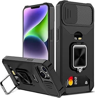 for iPhone 14 Plus Case with Card Holder and Slide Camera Cover,360° Rotate Ring Kickstand Heavy Duty Protective Phone Case for Apple iPhone 14 Plus Cover-Black