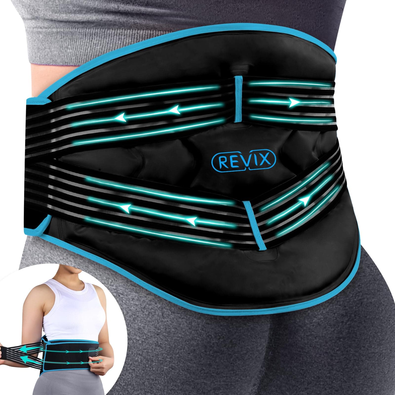 REVIX Compression Ice Pack for Back, Reusable Lower Back Ice Pack with Dual Support Belts, Wearable Snug-Fit Cold Therapy Lumbar Brace for Lower Back, Sciatic Nerve, Muscle Relaxation