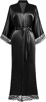 BABEYOND Satin Kimono Robe Silky Long Bridesmaid Wedding Lightweight Bath Robe with Lace Trim
