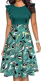YATHON Women's Vintage Ruffle Floral Flared A Line Swing Casual Cocktail Party Dresses(YT001-Green Geome P1,XL), X-Large