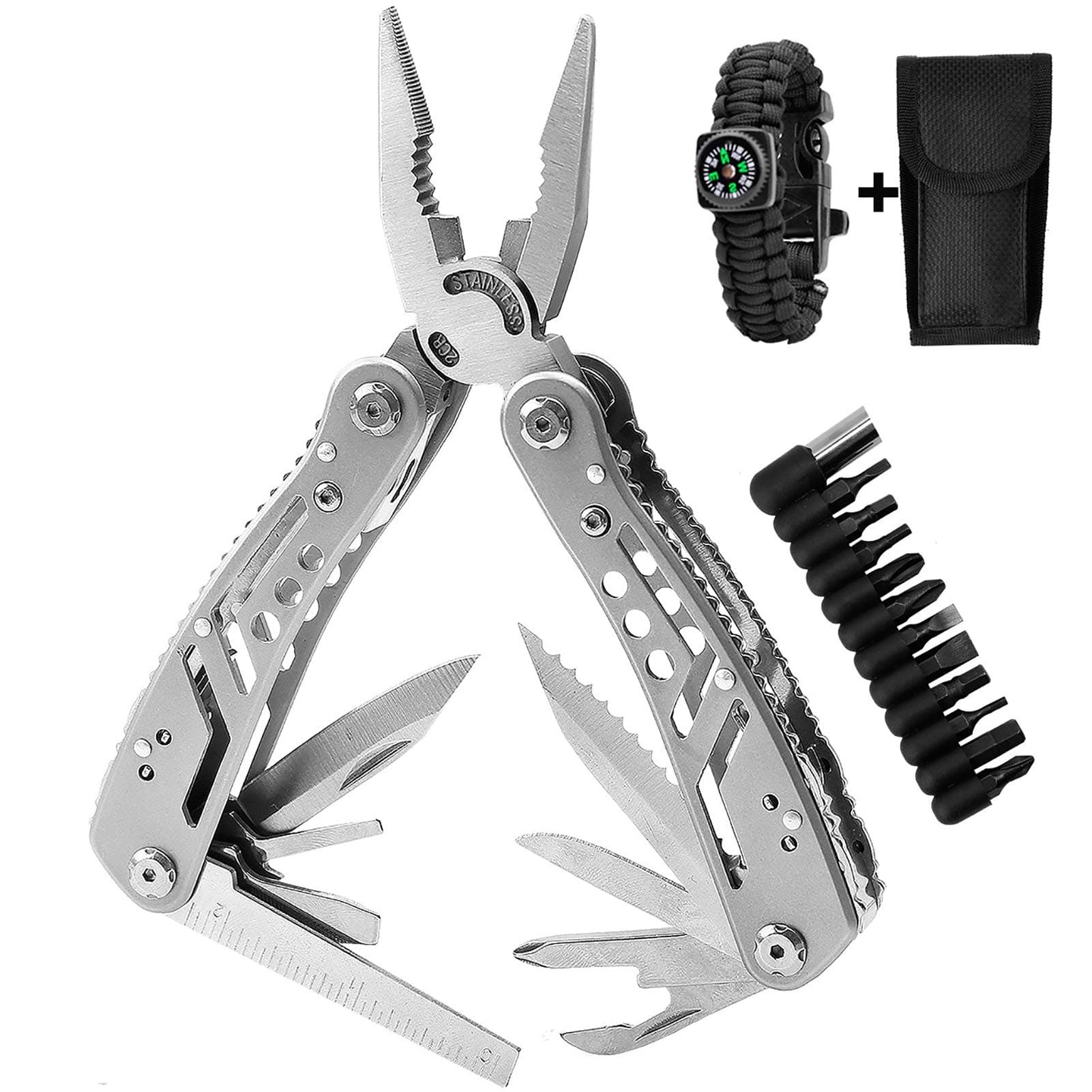 Multi Tool Pliers 24-in-1 Pocket Foldable Multitool Durable Stainless Steel for Hunting Hiking Camping Outdoor Survival with 11 Screwdriver Bits & Nylon Sheath