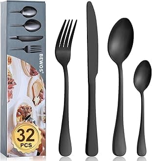 Cutlery Set, BEWOS 32 Piece Stainless Steel Flatware Set, Tableware Silverware Set with Matt Black Spoon Knife and Fork Set, Service for 8, Dishwasher Safe/Easy Clean