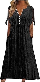 Elegant Summer Dresses for Women 2026 Trendy Tie Short Sleeve Button Down v Neck Eyelet Maxi Long Tshirt Dress