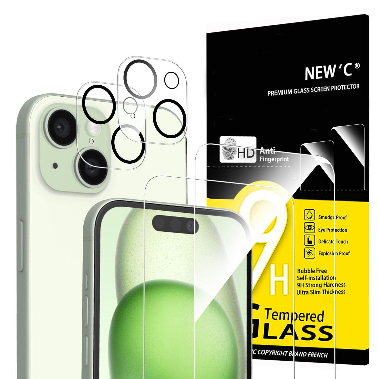 4 Pack, 2 Pack for iPhone 15 Screen Protector (6.1 inch) + 2 Pack Camera Lens Protector, Sensor Protection,Case Friendly Tempered Glass Film