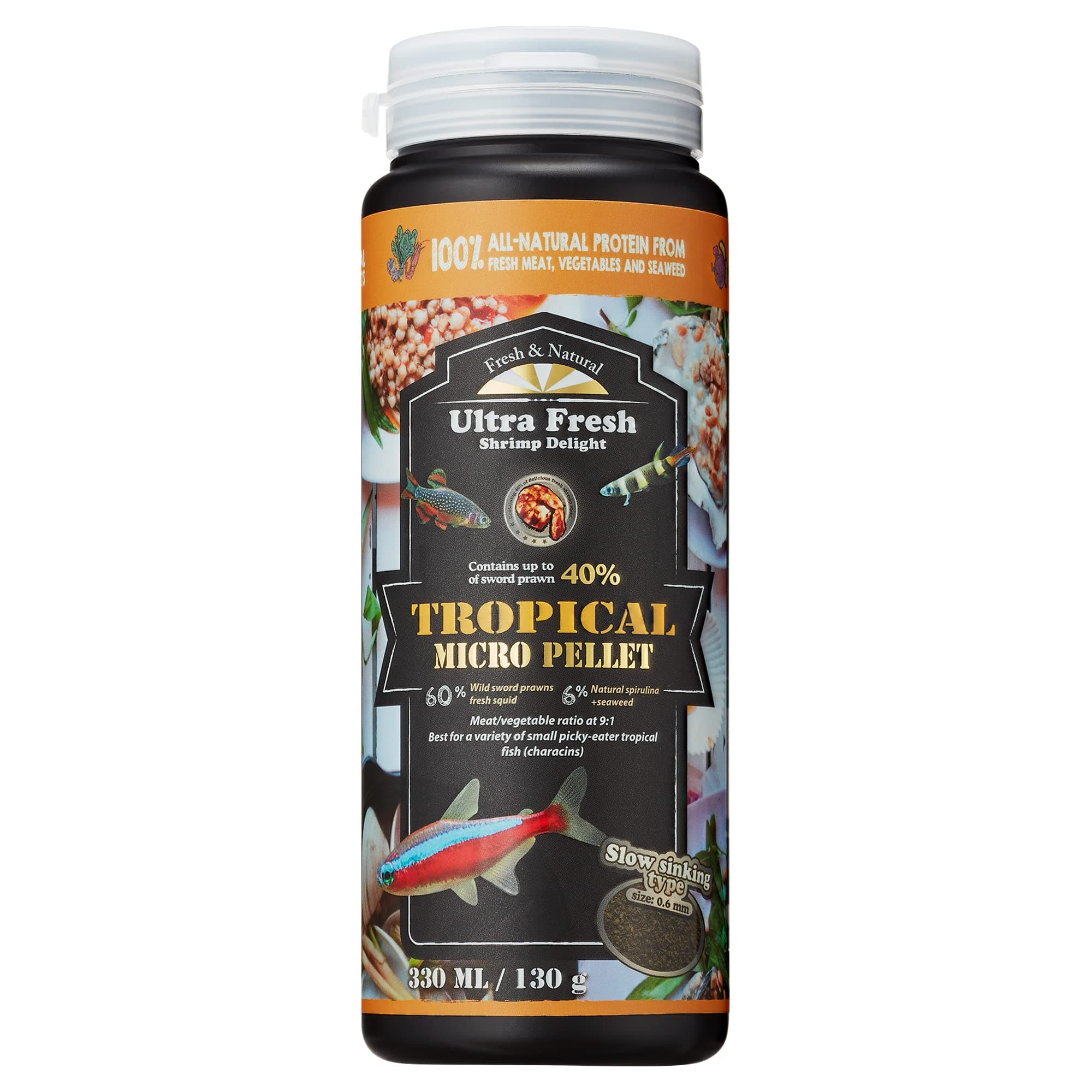 Ultra Fresh Tetra Fish Food, Slow Sinking, All Natural Ingredients, Wild Sword Prawns, Spirulina, Color Enhancement, Small Granules, Tropical Micro Pellet 130g