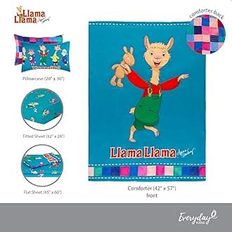 Llama Llama 4 Pc Toddler Bedding Set with Comforter, Flat Sheet, Fitted Sheet and Pillowcase by Everyday Kids; Bright Blue Toddler Bed Set Features Llama Llama and Friends