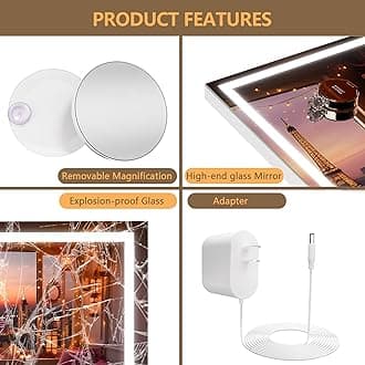Hasipu Vanity Mirror with Lighting, 37 x 26 Inch LED Makeup Mirror, Illuminated Makeup Mirror with Dimmable 3 Modes, Touchscreen Control, Cosmetic Mirror, Square, White