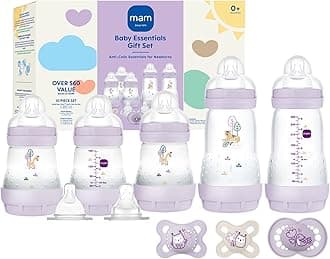 MAM Newborn Essentials "Baby Essentials" Matte Gift Set (9-Piece), Easy Start Anti-Colic Baby Bottles, Baby Pacifiers, Girl
