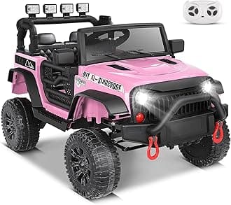 Hikole 24V Ride on Car w/Remote Control, Battery Operated Vehicles for Boys&Girls, Upgraded 2×200W Motors,Off-Road Power Wheels Truck, LED Lights, 3 Speeds, Gift, Pink-24V-1 Seater